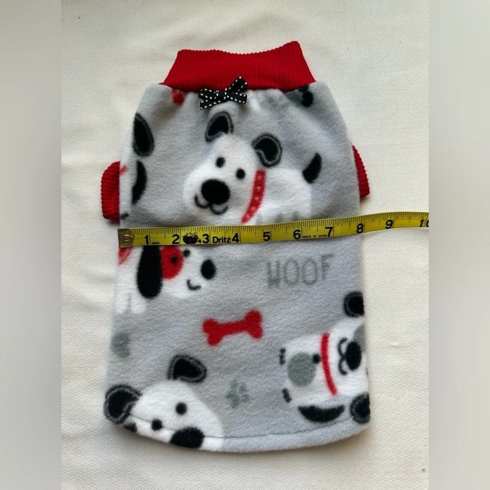 Handmade Small Dog Fleece Sweater | Cozy Puppy Print | Red Ribbed Trim